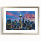 Textured abstract art print of Seattle skyline in silver frame, featuring muted gray and blue tones, ideal for bedroom art.