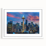 Abstract art print of Seattle skyline in muted gray tones on a framed white mat, suitable for bedroom or dining room decor.