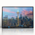 Large abstract wall art depicting the Seattle skyline in muted gray and blue tones on a framed acrylic print.