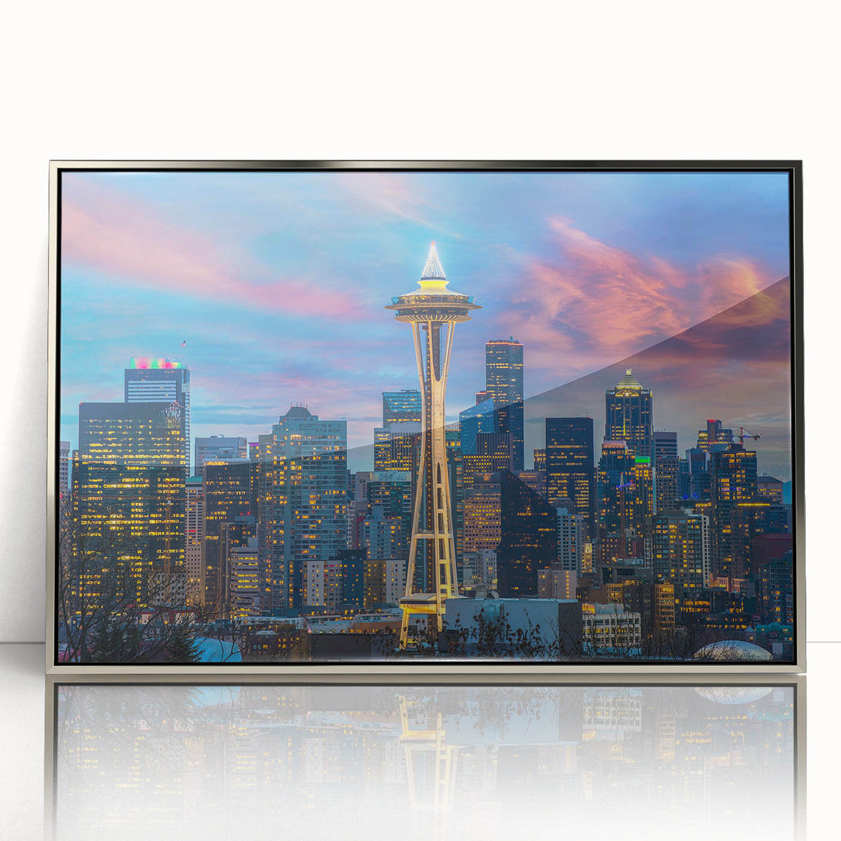 Mid-century modernist art of Seattle skyline in muted grays and blues on framed acrylic, suitable for modern art wall decor.