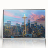 Art deco style Seattle skyline in muted gray and blue tones, framed acrylic, ideal for modern nursery wall art.