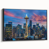 Black and white framed canvas of Seattle landscape, vintage poster style, ideal for bedroom wall art.