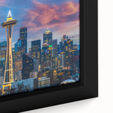 Black wall art featuring a textured close-up of the Seattle skyline on a framed canvas with colorful accents.