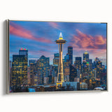 Framed canvas featuring a vintage-style Seattle landscape painting in black with colorful accents, ideal for office decor.