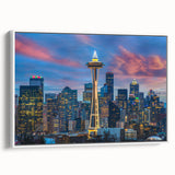 Vintage poster art of Seattle skyline in vibrant colors on extra large framed canvas, ideal for living room decor.