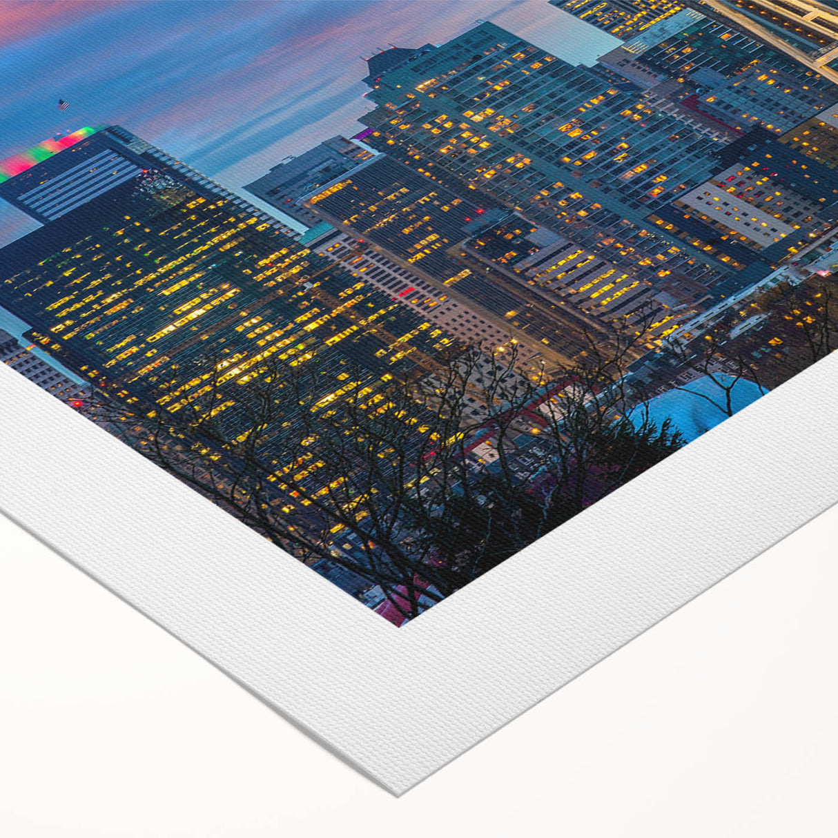 Art deco poster of Seattle skyline in monochrome shades on rolled canvas, suitable for dining room wall art.