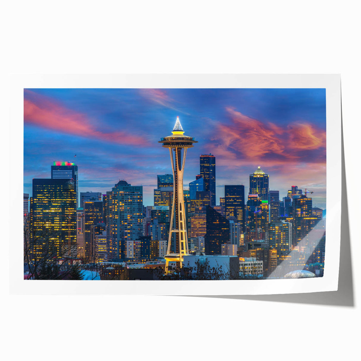 Seattle skyline in muted gray, extra large rolled print, suitable for dining room or bathroom wall art.