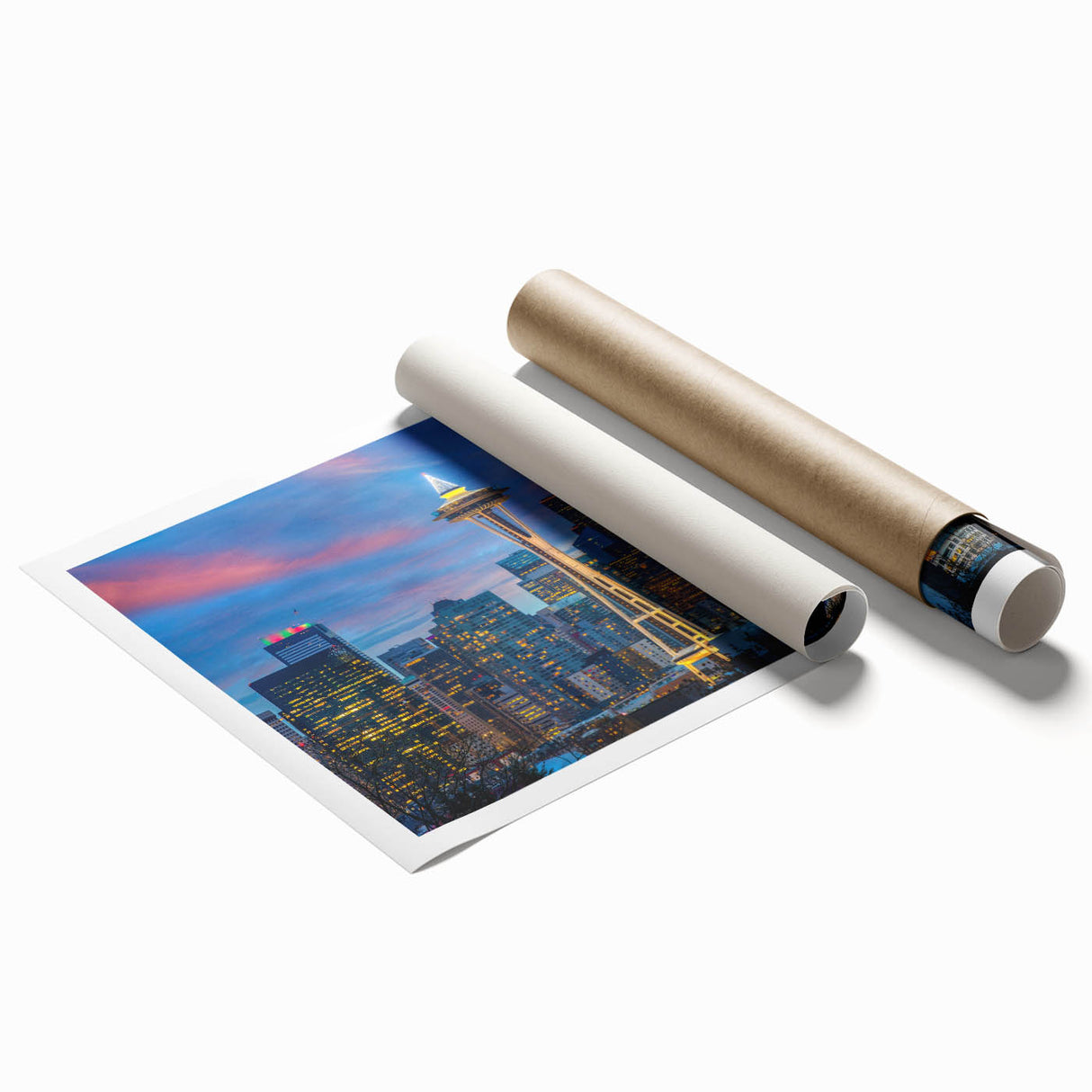 Seattle skyline in muted gray, featuring a rolled canvas print, ideal for classy bathroom wall art.