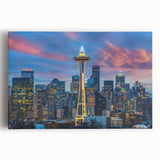 Black and white large art print of Seattle skyline on stretched canvas, suitable for kitchen wall art.