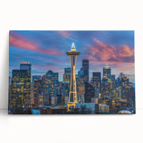 Black and white large art print of Seattle skyline on stretched canvas, ideal for kitchen wall art or bedroom ambiance.