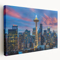 Large stretched canvas featuring a detailed Seattle skyline in muted blue and gray tones, ideal for kitchen wall art.