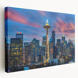 Large stretched canvas featuring a detailed Seattle skyline in muted blue and gray tones, ideal for kitchen wall art.