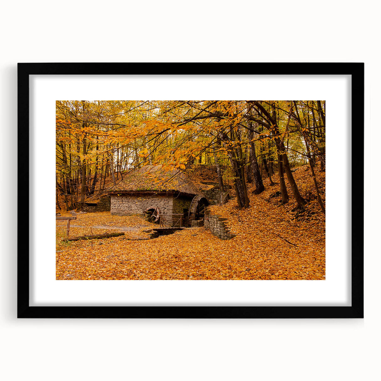 Colorful abstract art print of West Virginia scenery in a black frame with mat, ideal for living room wall decor.