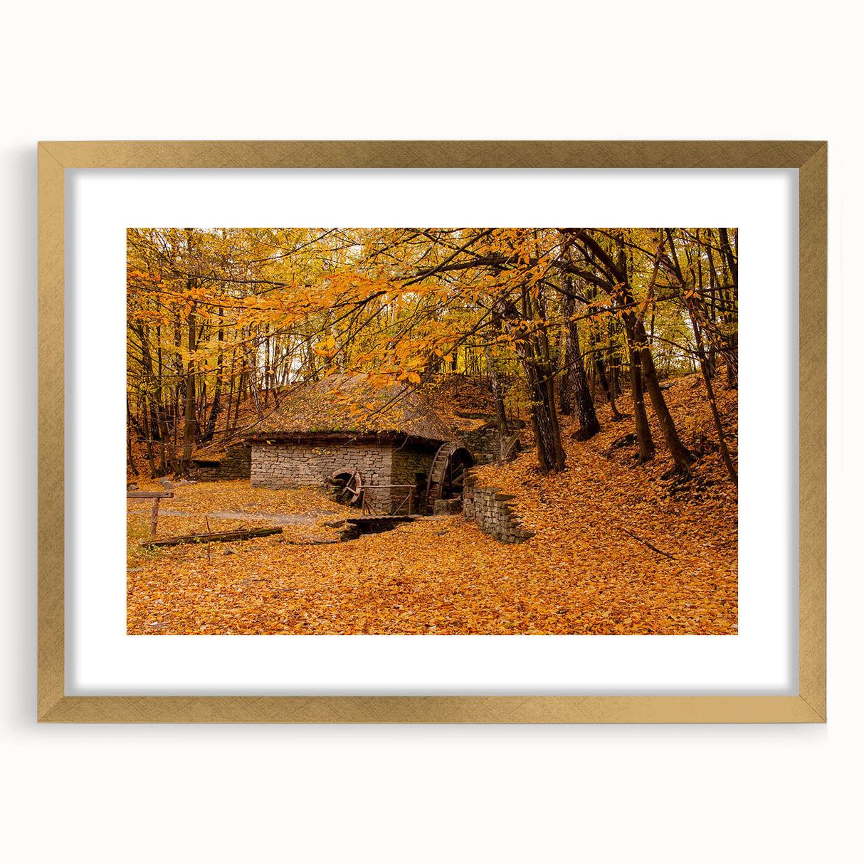 Extra large abstract art print of a textured West Virginia scenery in muted earth tones, framed in gold.