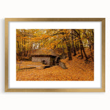 Extra large abstract art print of a textured West Virginia scenery in muted earth tones, framed in gold.
