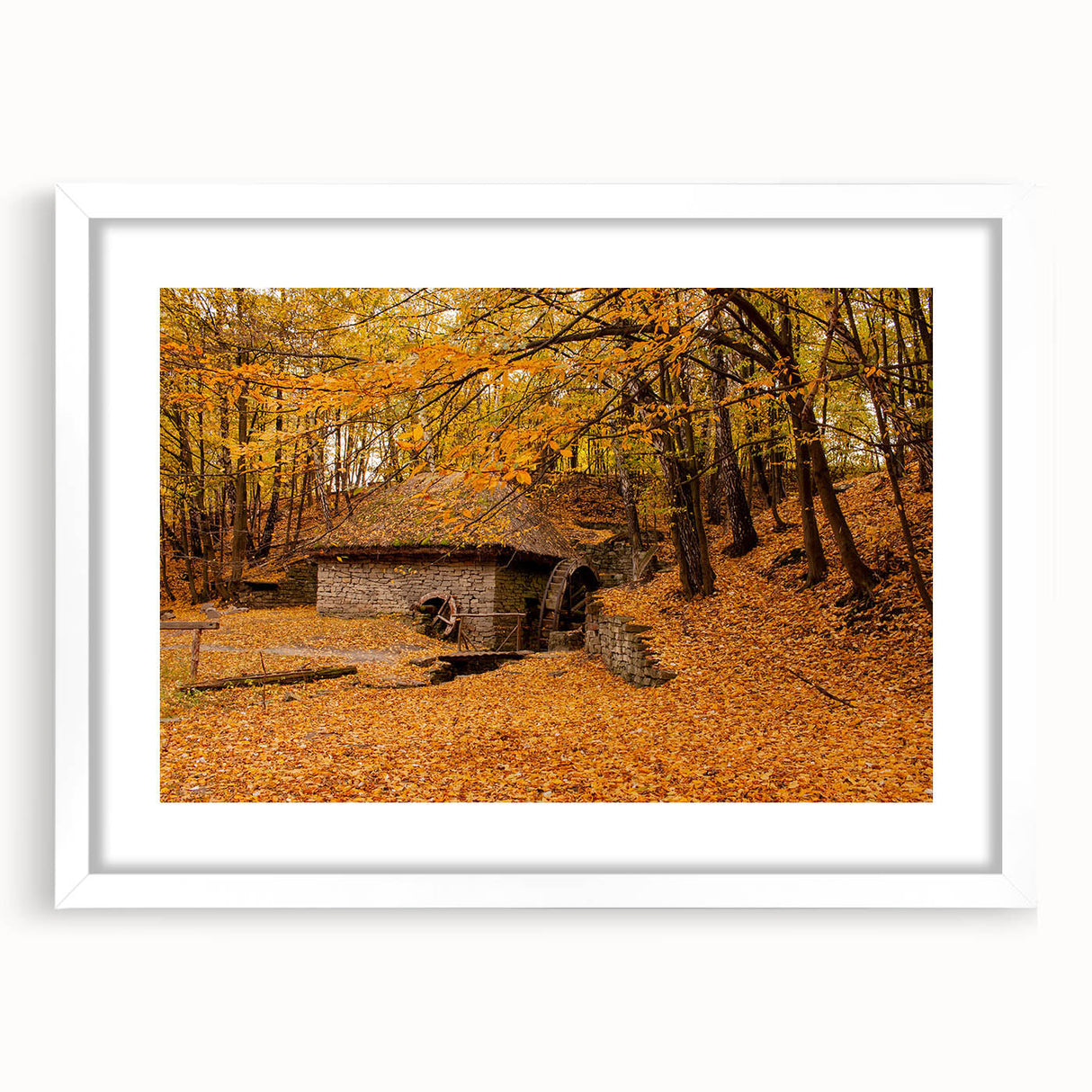 Abstract art print depicting a serene West Virginia landscape in muted earth tones, framed with a white mat.