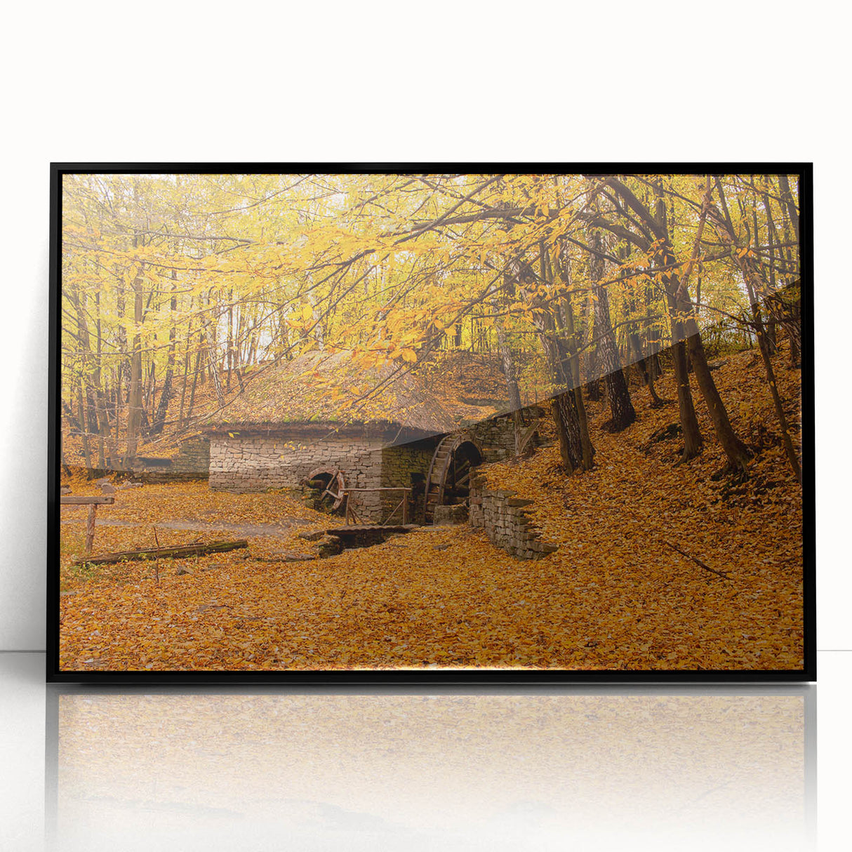 Large abstract wall art depicting a West Virginia landscape in muted earth tones, framed in black acrylic.