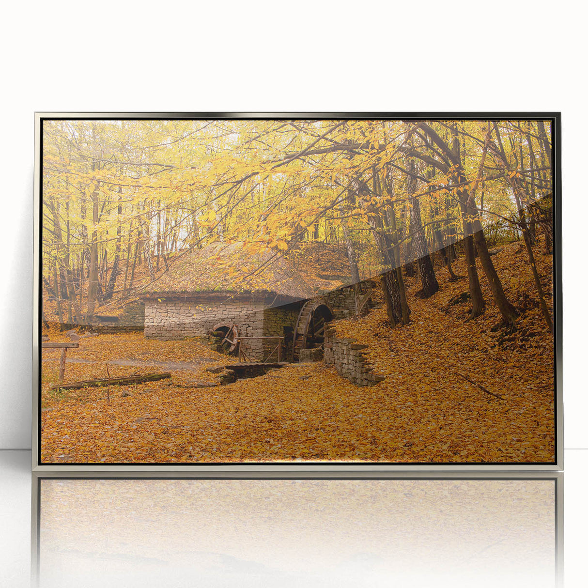 Mid-century modernist art depicting West Virginia scenery in muted earth tones on a framed acrylic.