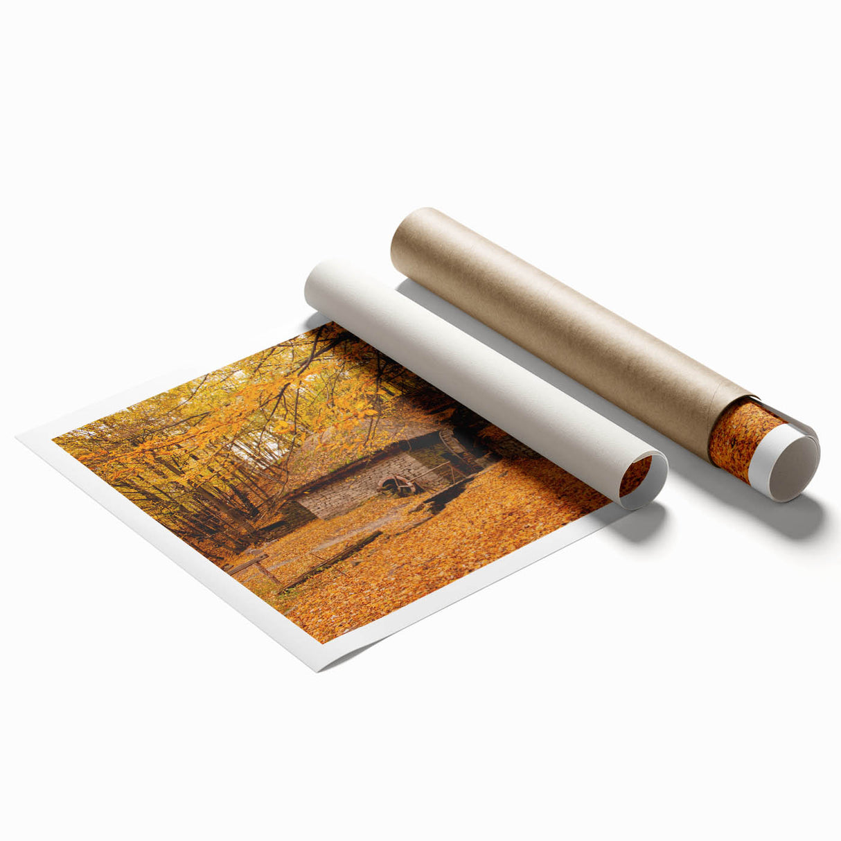 Rolled print of a West Virginia landscape with soft floral elements in muted earth tones, ideal for classy bathroom wall art.