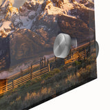 Acrylic print of the Grand Tetons with muted earth tones in a mid-century modernist style, ideal for dining room art.