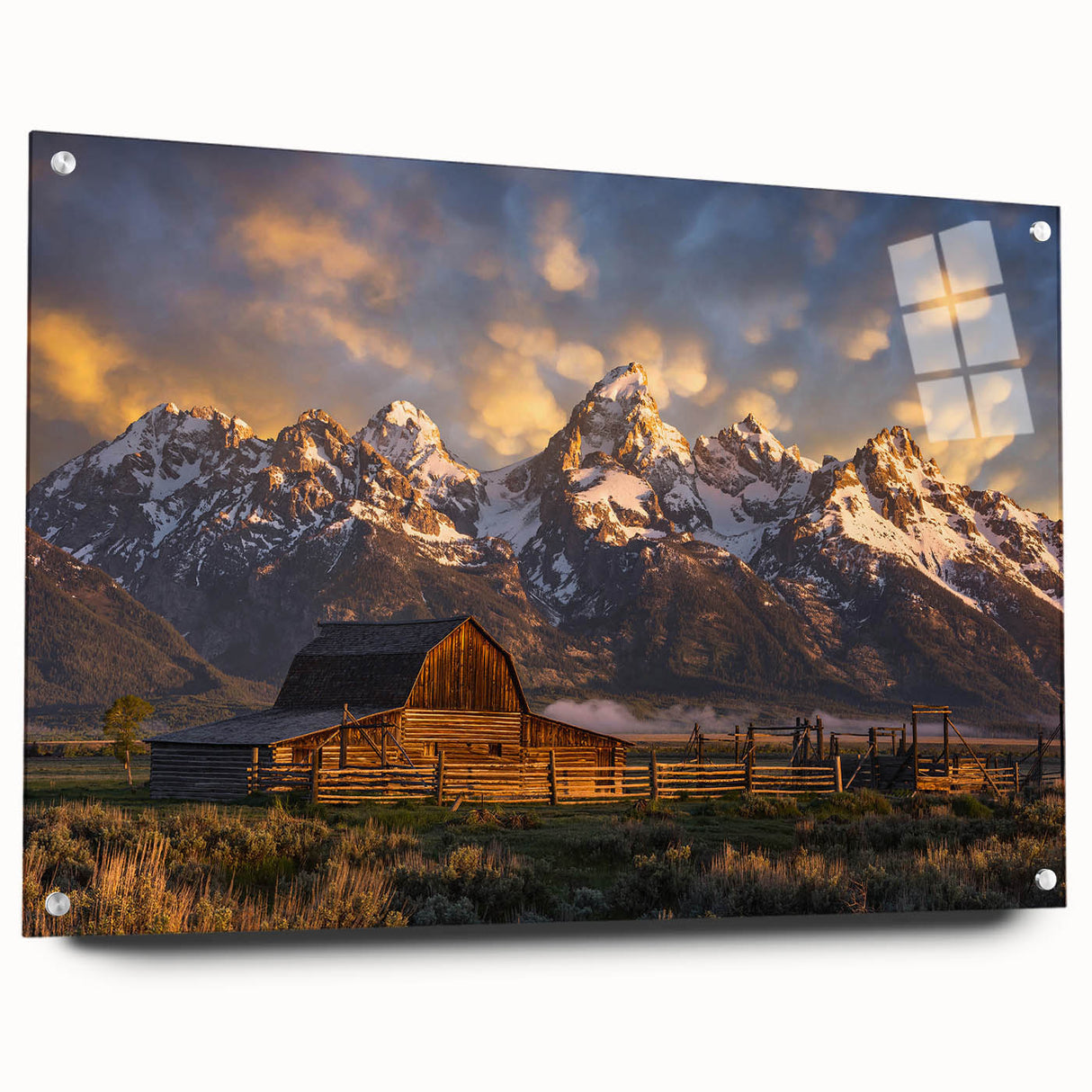 Acrylic print of the Grand Tetons with vibrant green and blue tones, suitable for bedroom or dining room decor.