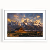 Abstract art print of Wyoming's Grand Tetons in muted earth tones on a framed white mat.