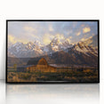 Large abstract wall art depicting the Grand Tetons in muted earth tones, framed in black acrylic.