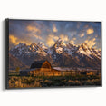 Framed canvas of black and white Grand Tetons landscape, ideal for bedroom wall art.