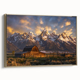 Framed canvas of the Grand Tetons in muted earth tones, ideal for bedroom wall art.