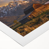 Art deco poster of the Grand Tetons in muted earth tones on rolled canvas, suitable for dining room wall art.