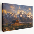 Grand Tetons landscape on large stretched canvas, featuring cool hues and detailed scenery, ideal for kitchen wall art.