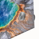 Large abstract depiction of Yellowstone on acrylic glass with vibrant earth tones, ideal for dining room art.