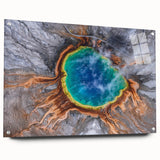 Acrylic print of Yellowstone scenery with vivid green and blue tones, ideal for enhancing dining room decor.