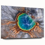 Acrylic print of Yellowstone scenery with vibrant greens and blues, suitable for bedroom or dining room art.