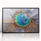 Large abstract wall art depicting Yellowstone scenery in muted earth tones on a framed acrylic.