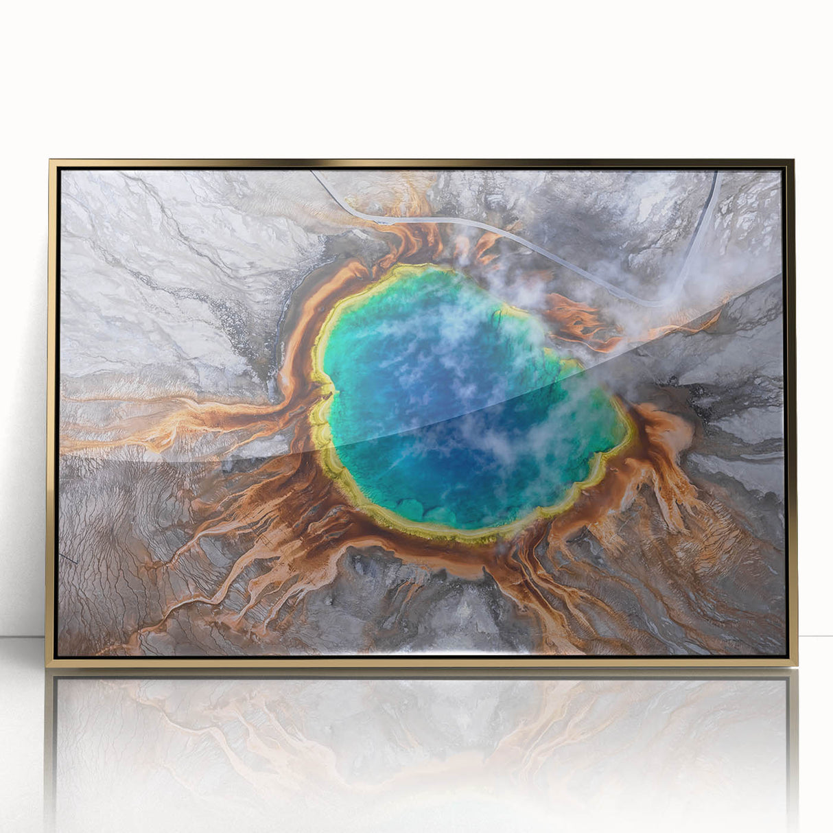 Framed acrylic print of Yellowstone scenery in muted earth tones, ideal for modern nursery wall art.