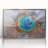 Mid-century modernist art depicting Yellowstone scenery in muted earth tones on a framed acrylic print.