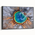 Black and white wall art of Yellowstone landscape on framed canvas, ideal for bedroom decor.
