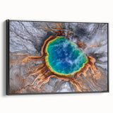 Black and white wall art of Yellowstone landscape on framed canvas, ideal for bedroom decor.