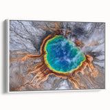 Vintage poster art of Yellowstone featuring muted earth tones on a framed canvas.