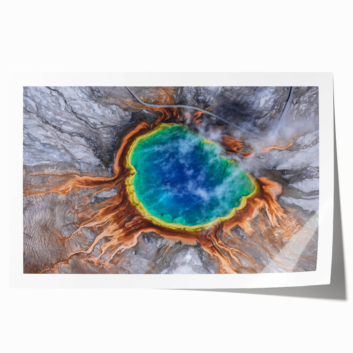 Yellowstone landscape on rolled print featuring vibrant green and yellow tones, suitable for dining room wall art.