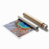 Extra large rolled print of Yellowstone scenery with vibrant greens and blues, ideal for classy bathroom wall art.