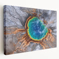 Yellowstone National Park landscape on large stretched canvas, featuring vivid green and blue tones.