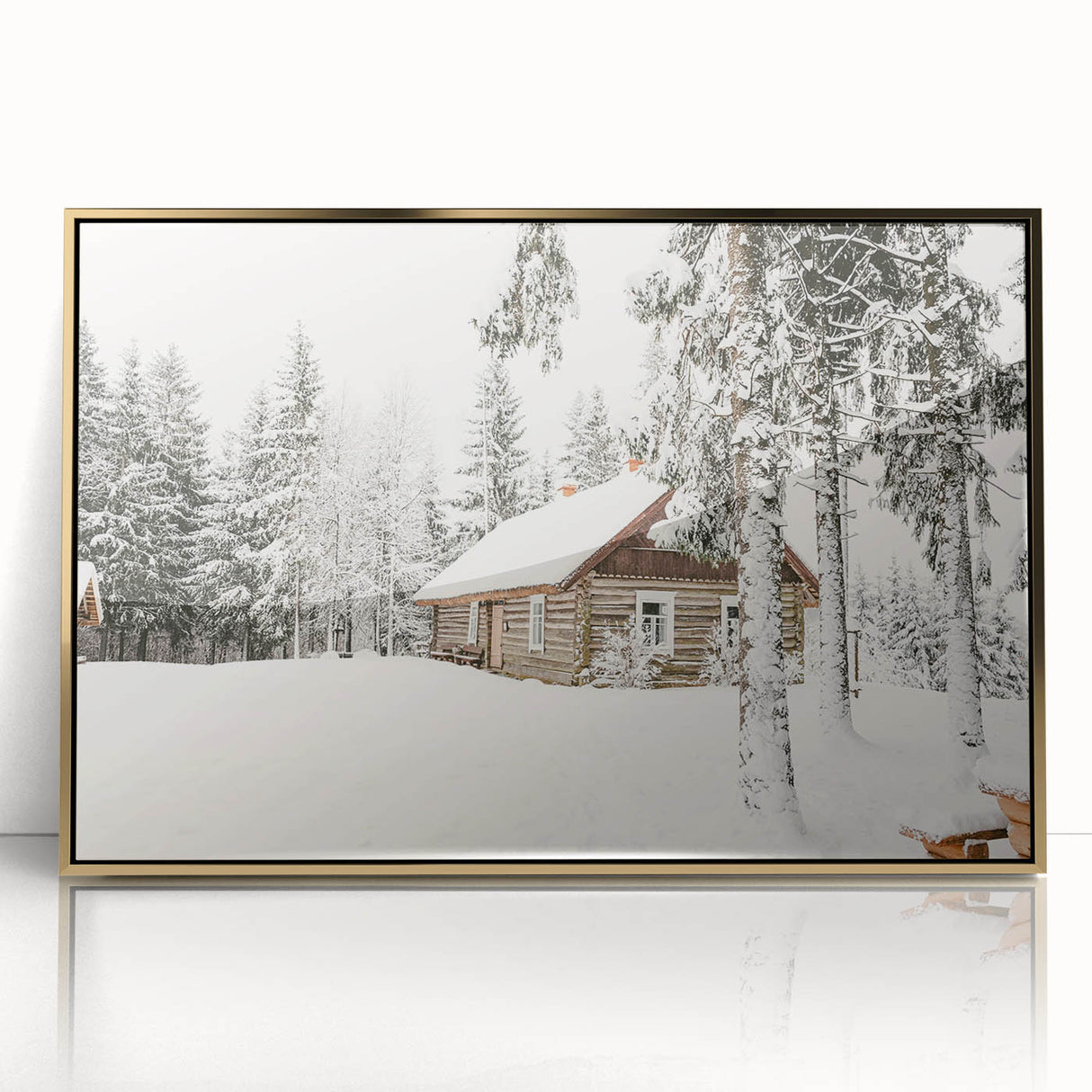 Mid-century modernist winter scene in muted blue and white tones, acrylic print framed in gold, ideal for nursery wall decor.
