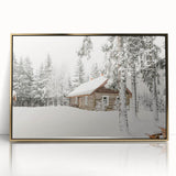 Mid-century modernist winter scene in muted blue and white tones, acrylic print framed in gold, ideal for nursery wall decor.