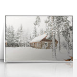 Art Deco style poster featuring a winter scene in muted blue and white tones, acrylic print framed.