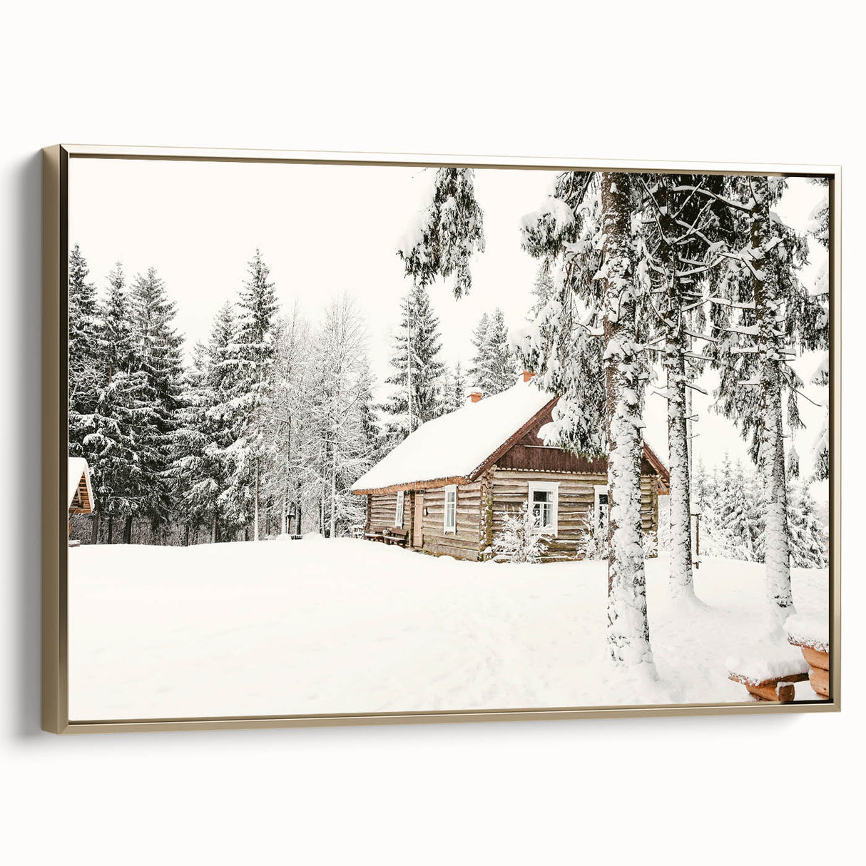 Winter landscape painting on framed canvas, featuring muted blue and white tones, ideal for bedroom wall art.