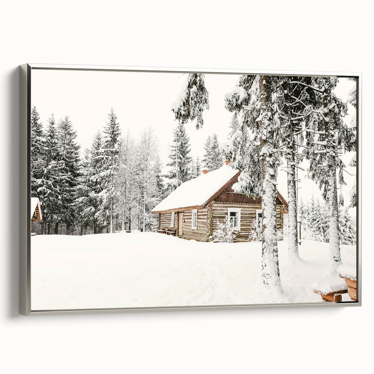 Winter landscape art painting on framed canvas, featuring muted blue and white tones, ideal for living room decor.