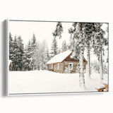 Vintage poster art of a winter scene on framed canvas, featuring muted blue and white tones, ideal for living room decor.