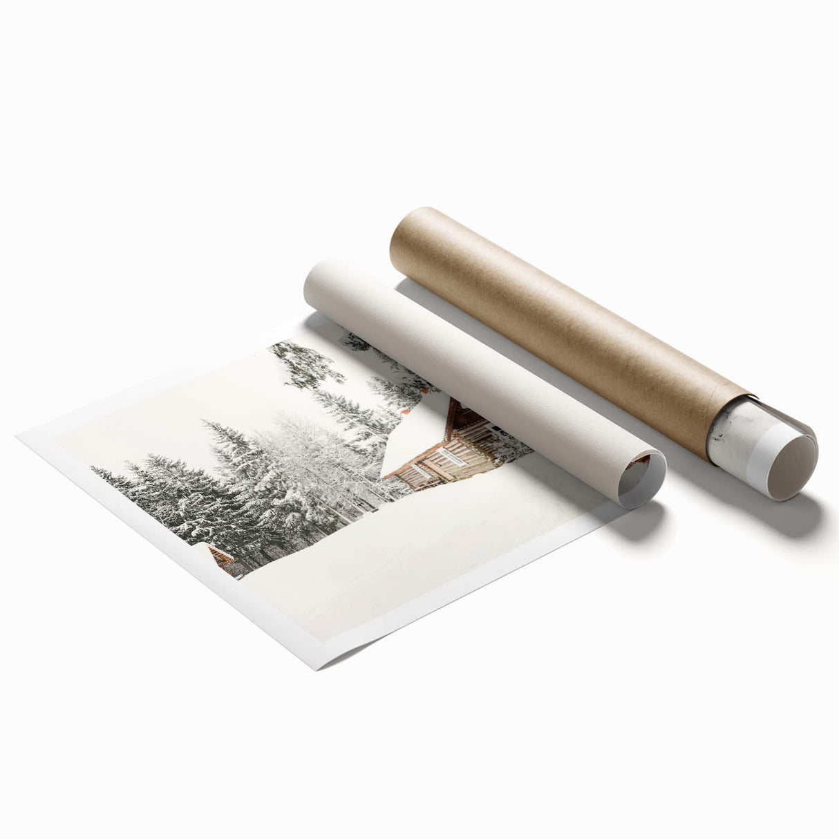 Extra large rolled print featuring a winter-themed floral design in muted blue and white tones.